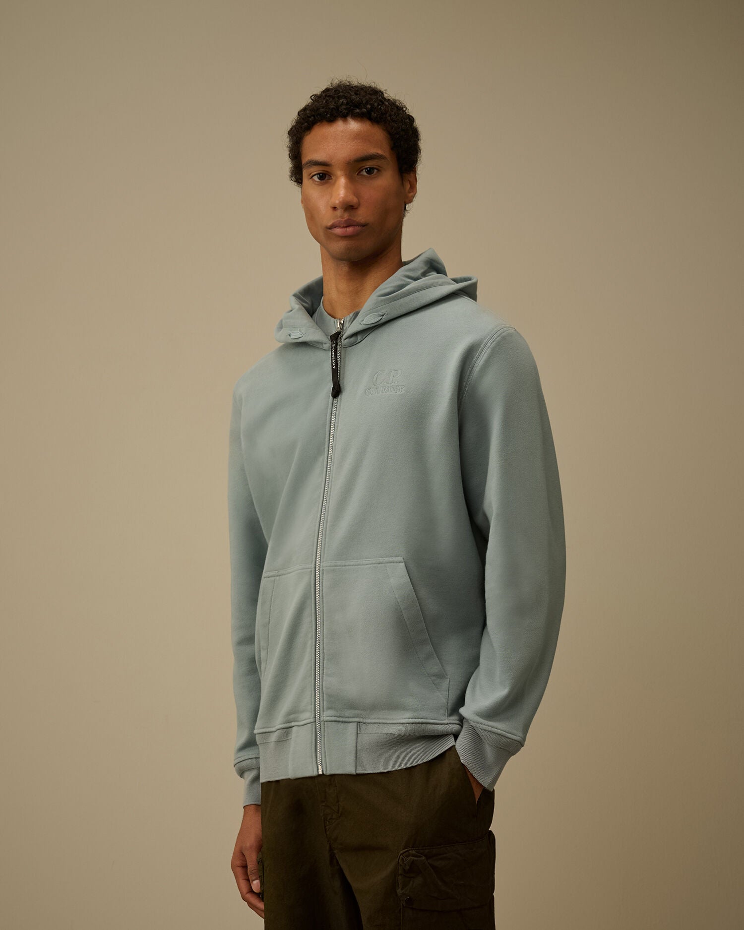 Diagonal Raised Fleece Zip Hooded Sweatshirt, SILVER BLUE