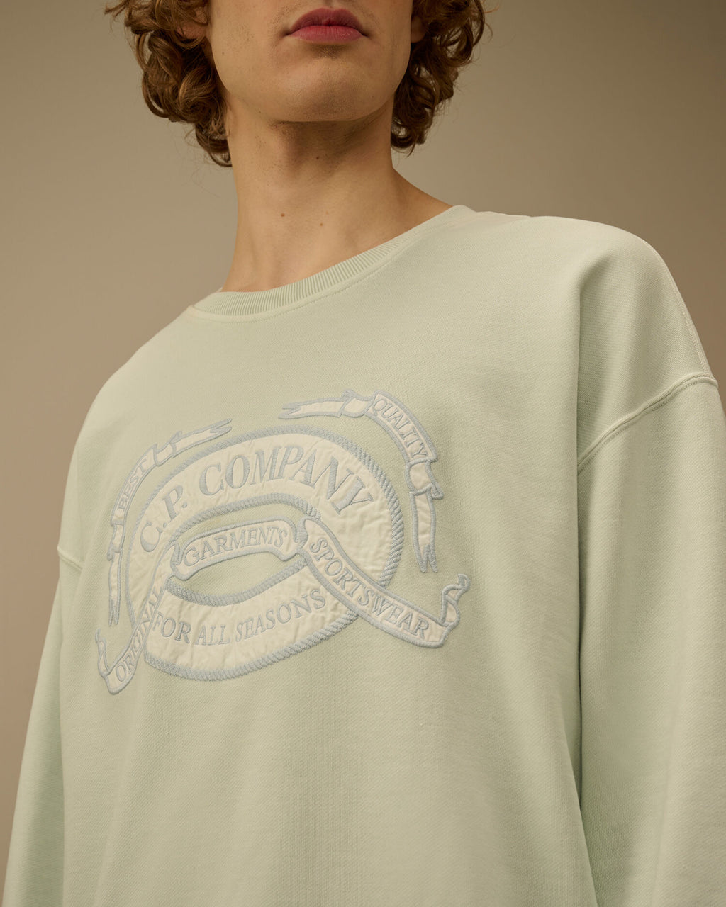 Diagonal Fleece Boxy Logo Crewneck Sweatshirt, MISTY BLUE