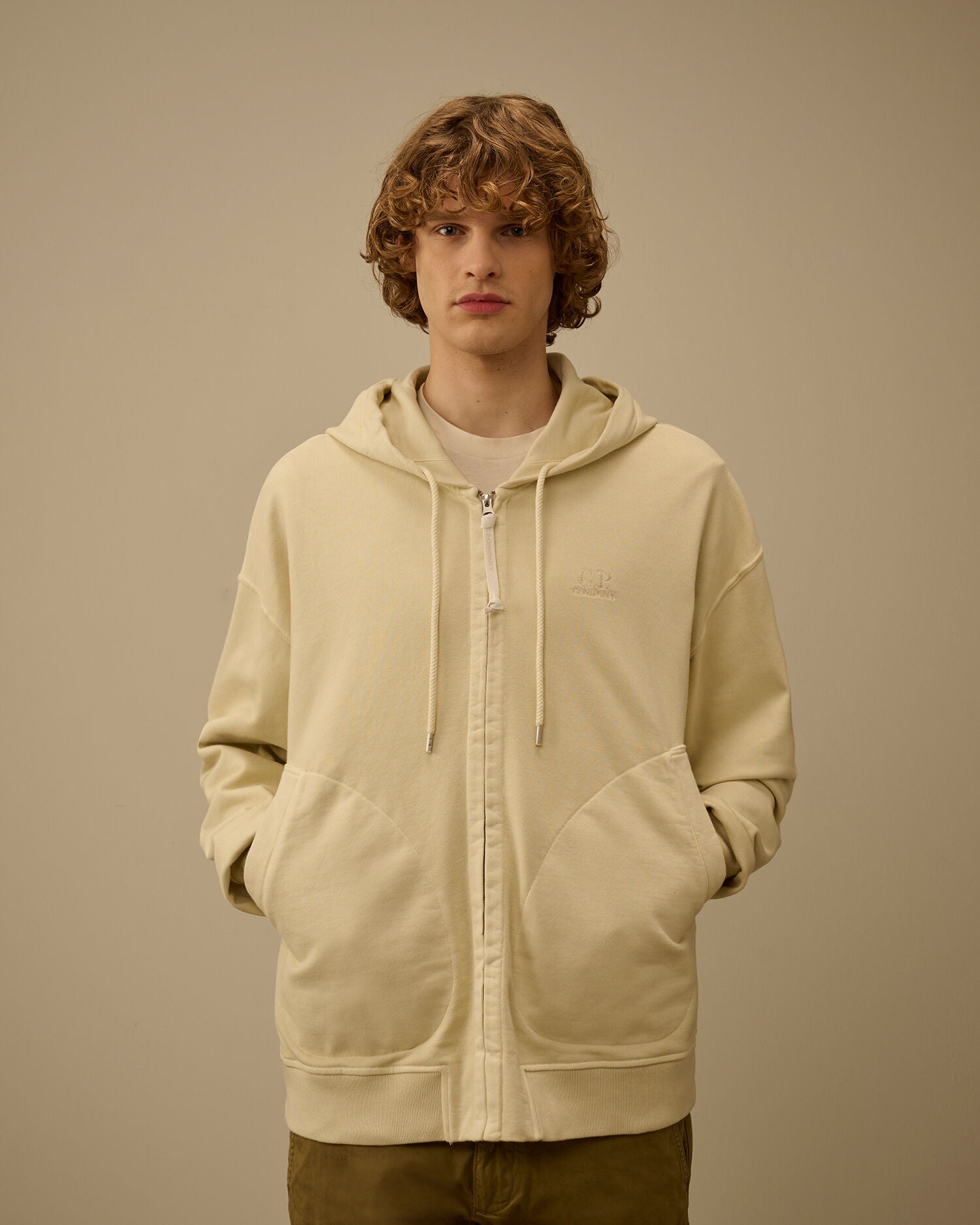 Diagonal Fleece Boxy Zip Hooded Sweatshirt, FROZEN DEW - WHITE