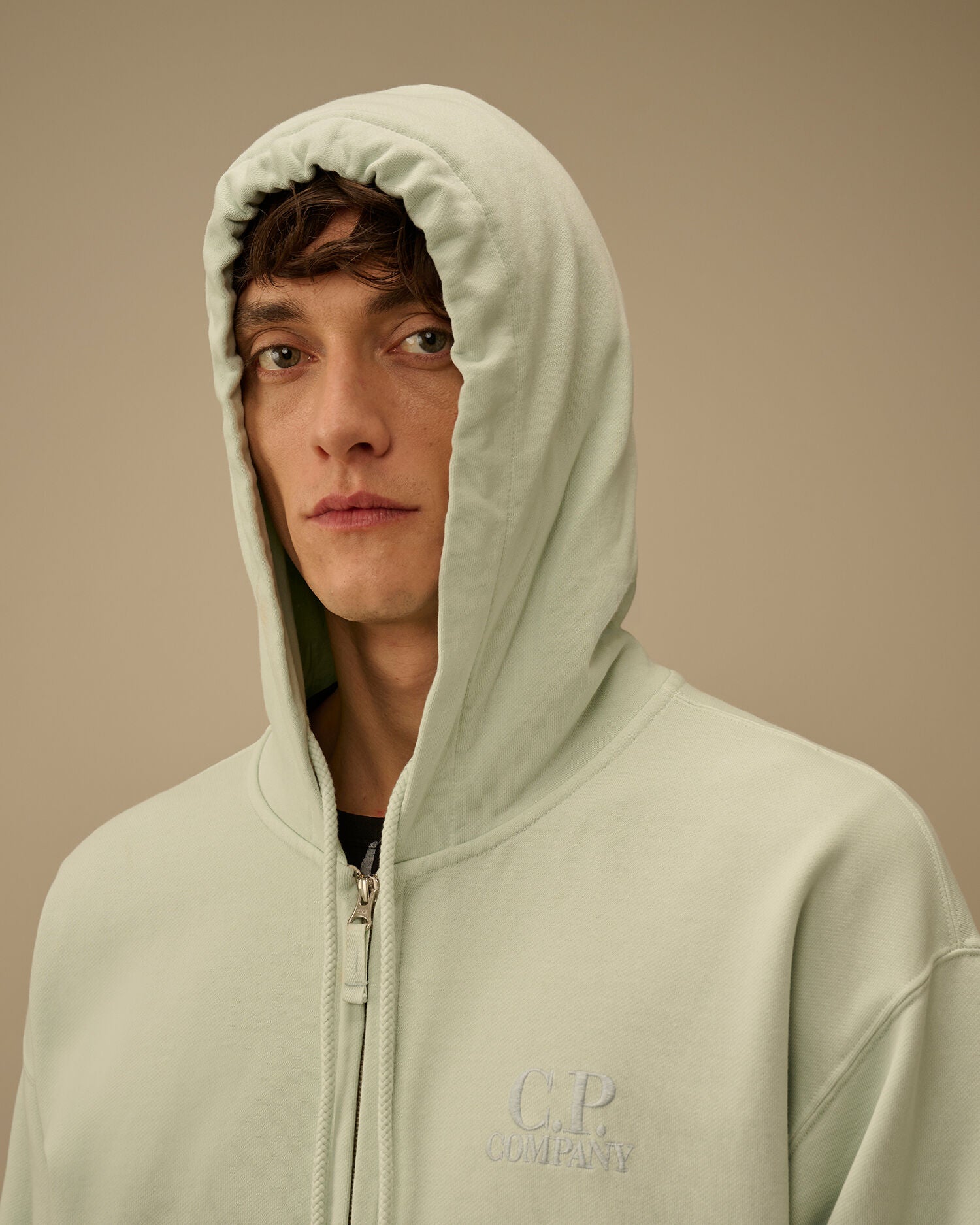 Diagonal Fleece Boxy Zip Hooded Sweatshirt, MISTY BLUE