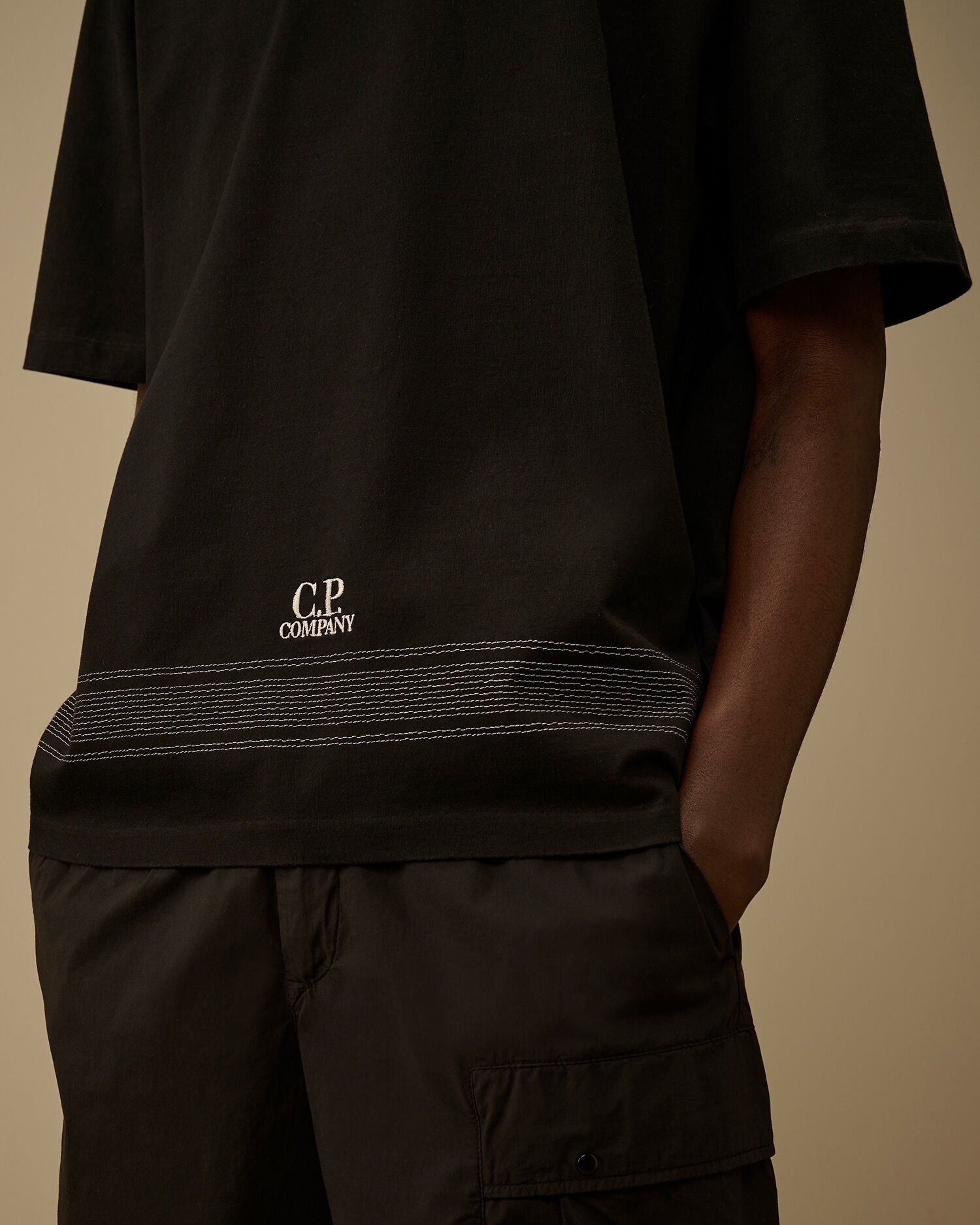 Mercerized Jersey 30/2 Twisted Short Sleeve Embroidery T-Shirt, BLACK